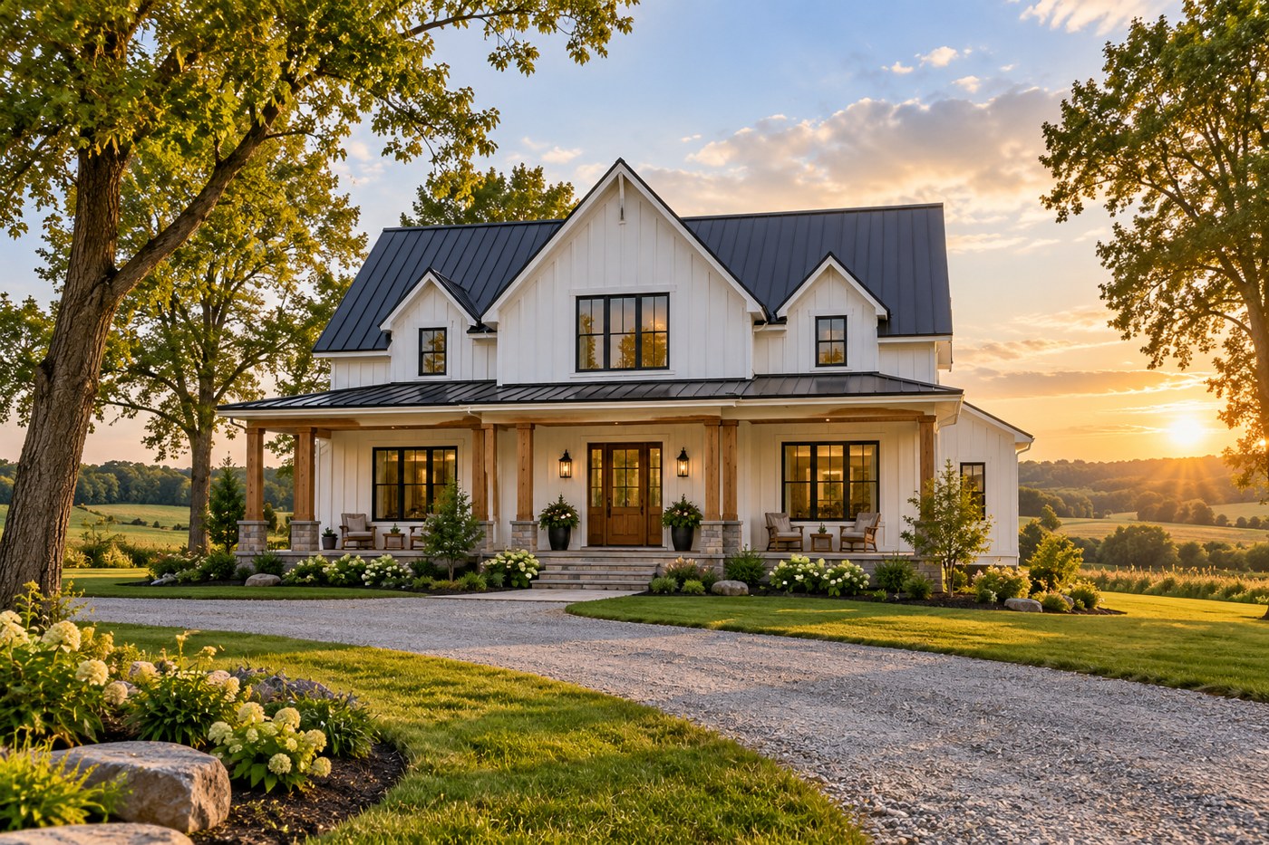 A rustic white farmhouse with timber porch posts and a dark metal roof